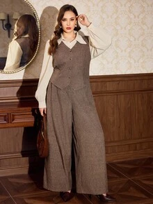 Vintamour Plus-Size Women's Retro Suit Set, Khaki Suit, Retro Women's Two Pieces Suit Set, Commuting Office Clothing, Women's Autumn Suit, Autumn Two Pieces Set - Mocha Brown - View 4