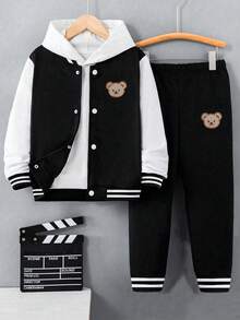 SHEIN 1 套男婴休闲时尚可爱简约熊图案黑白撞色拼接前开棒球夹克和裤子套装，秋冬外套套装，婴儿服装 - 黑與白 - 查看 3