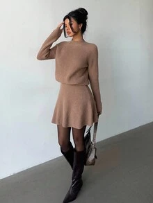 Elenzga Women Loose Casual Round Neck Textured Top And Pleated Skirt 2 Pieces Set - Brown - View 3