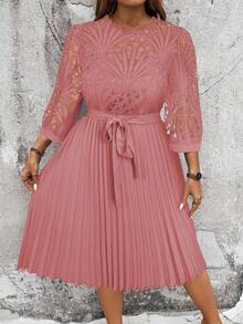 Cravure Plus Size Women's Spring/Summer Solid Color Contrast Lace Round Neck 3/4 Sleeve Pleated Hem Elegant Dress Wedding - Dusty Pink - View 1