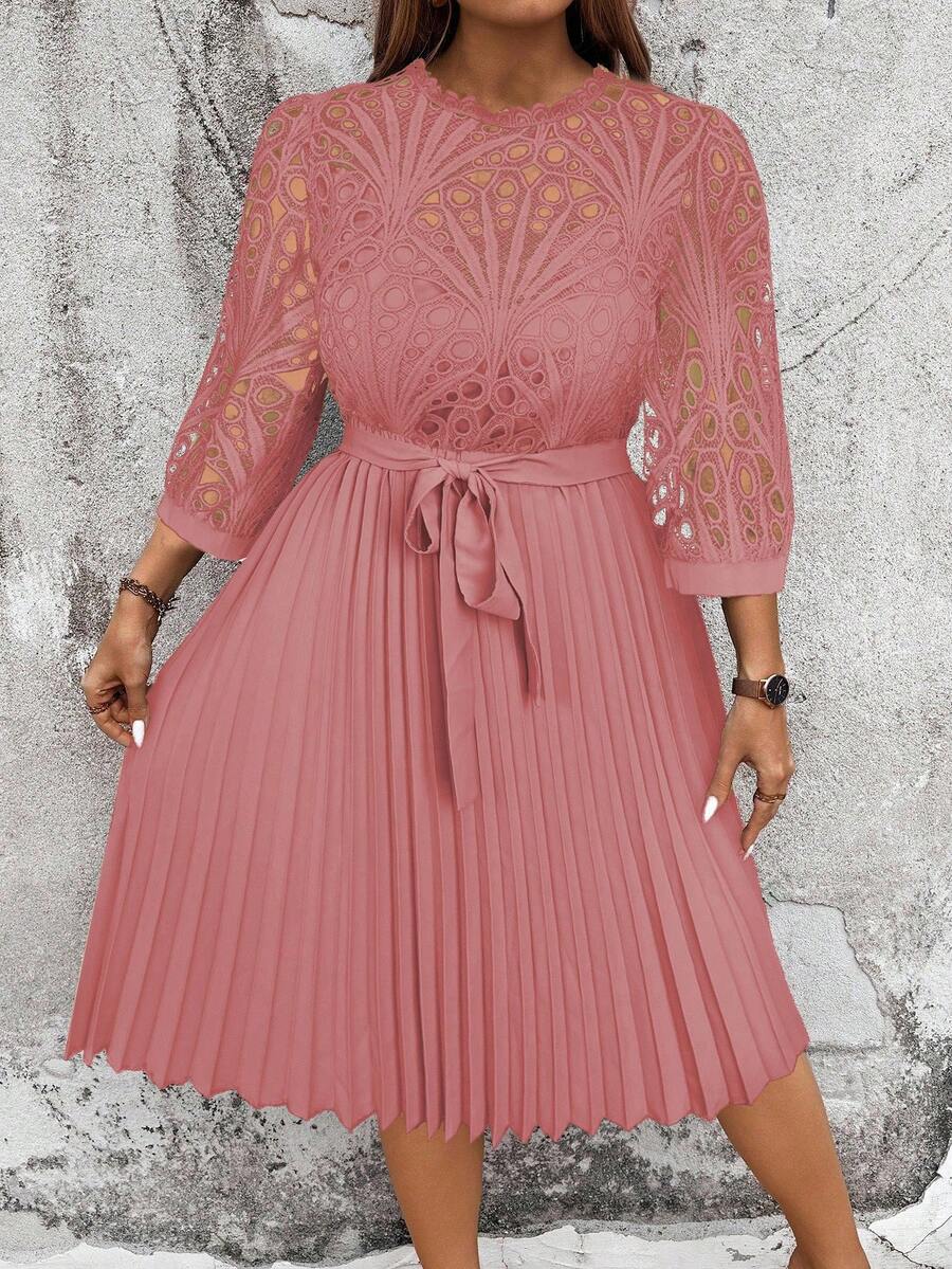 Cravure Plus Size Women's Spring/Summer Solid Color Contrast Lace Round Neck 3/4 Sleeve Pleated Hem Elegant Dress Wedding - Dusty Pink - View 1