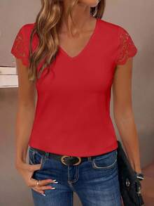 EMERY ROSE Women's Solid V-Neck Short Sleeve Simple Casual Top - Red - View 4