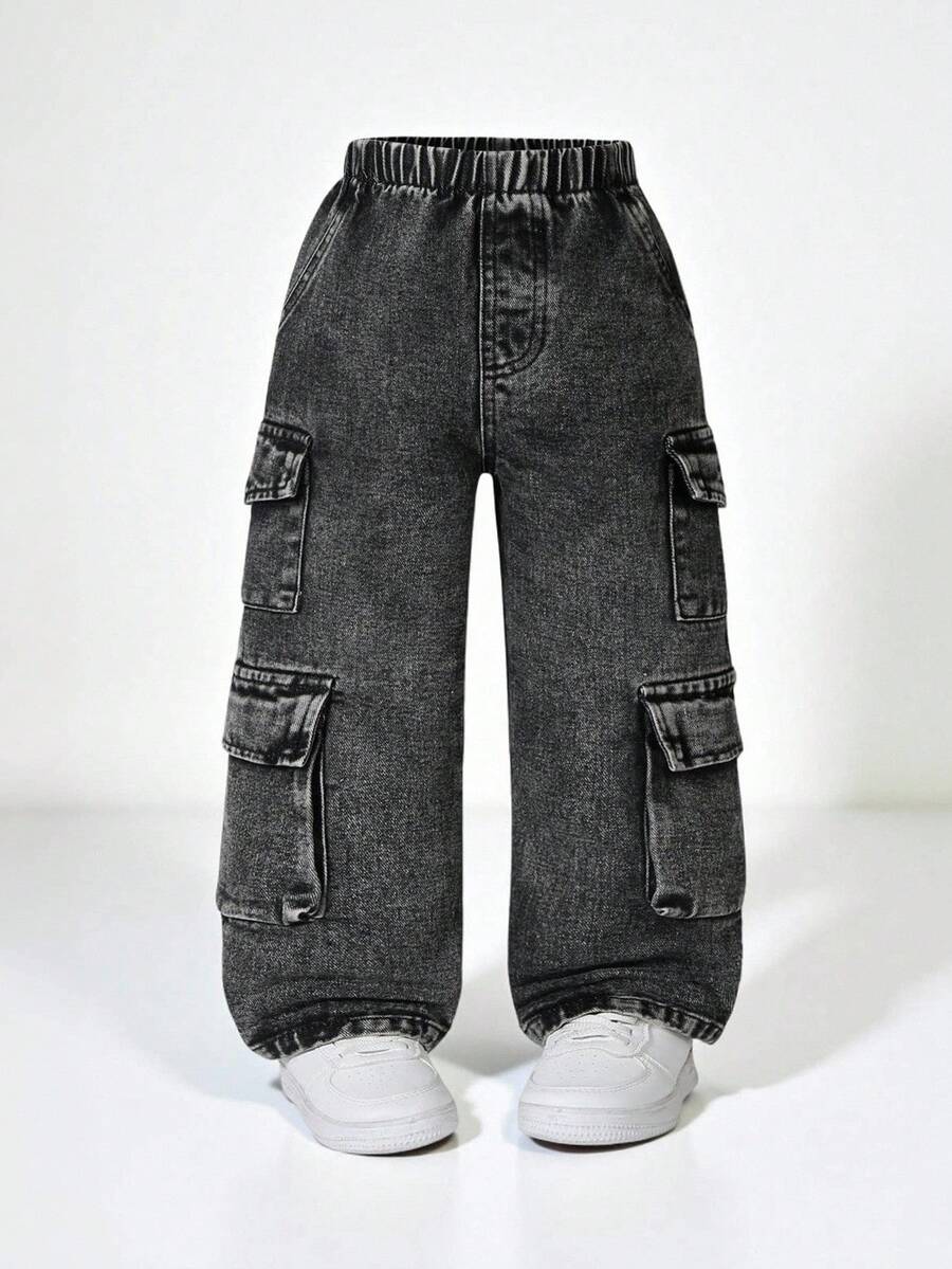 SHEIN Explorewe 男童工装牛仔裤，宽松直筒裤，复古水洗牛仔蓝，街头风格，时尚百搭，男童牛仔裤