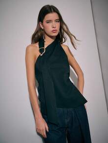 Nöista Asymmetrical Halter Top With Metal Ring Embellishments; A Statement Party Piece And Evening Option That Transitions Well From Fall To Winter. Perfect For Halloween, Going Out, Party, Christmas - Black - View 5