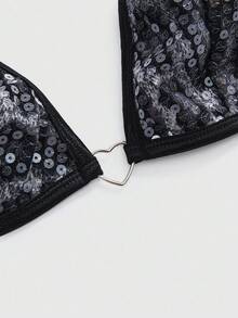 ROMWE Grunge Punk Áo ngực nữ phong cách Punk Rock Rave Beach Party Festival Street Style cổ yếm gợi cảm họa tiết da báo đính sequin - Màu xám đen - Xem 3