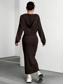 Flirla 女式纯色连帽长袖罗纹上衣和无袖连衣裙休闲套装，秋季 - 棕色 - 查看 2