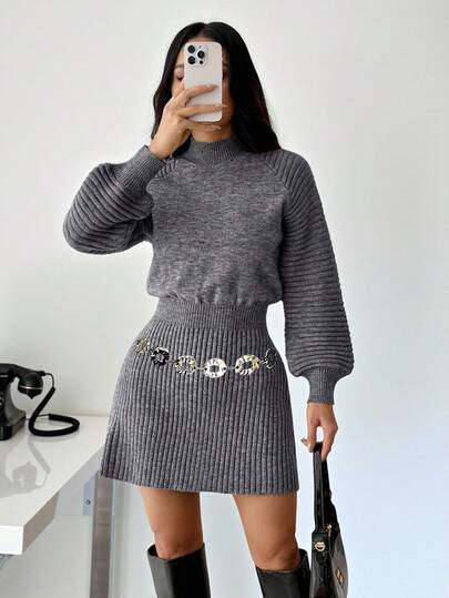 SHEIN PETITE 秋季女装灰色毛呢连衣裙收腰A字显瘦针织裙灯笼袖高领毛衣裙冬季女装