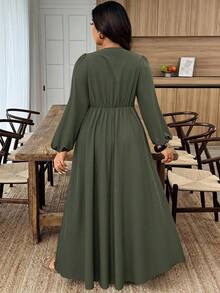 Breezaya Plus Size Casual Solid Color Lace Patchwork Dress Fall Cloth For Women - Army Green - View 2