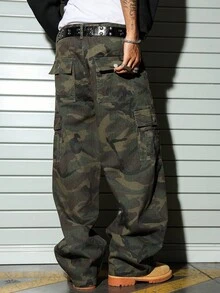 Manfinity EMRG Quần jeans ống loe nhiều túi, thời trang dạo phố thường ngày dành cho nam - xanh quân đội - Xem 4