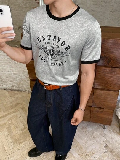 Manfinity VCAY Camiseta casual con cuello redondo y estampado para hombres