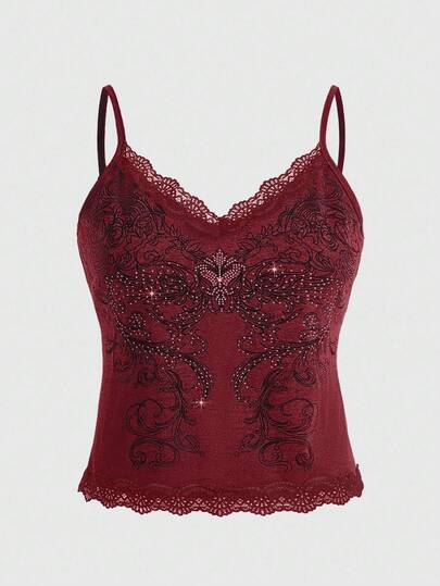 Grunge Punk Plus Size Rhinestone Contrast Lace Camisole