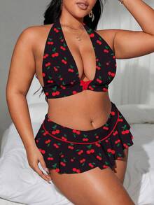 Swim Mod Plus Size Bikini Set - Halter Neck Backless Top With Allover Print Bottom Summer Beach