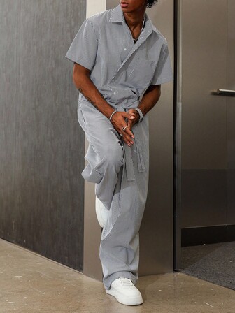 Manfinity Roghcode Men's Striped Short Sleeve Button Half Placket Pocket Casual Shirt & Wide Leg Jumpsuit