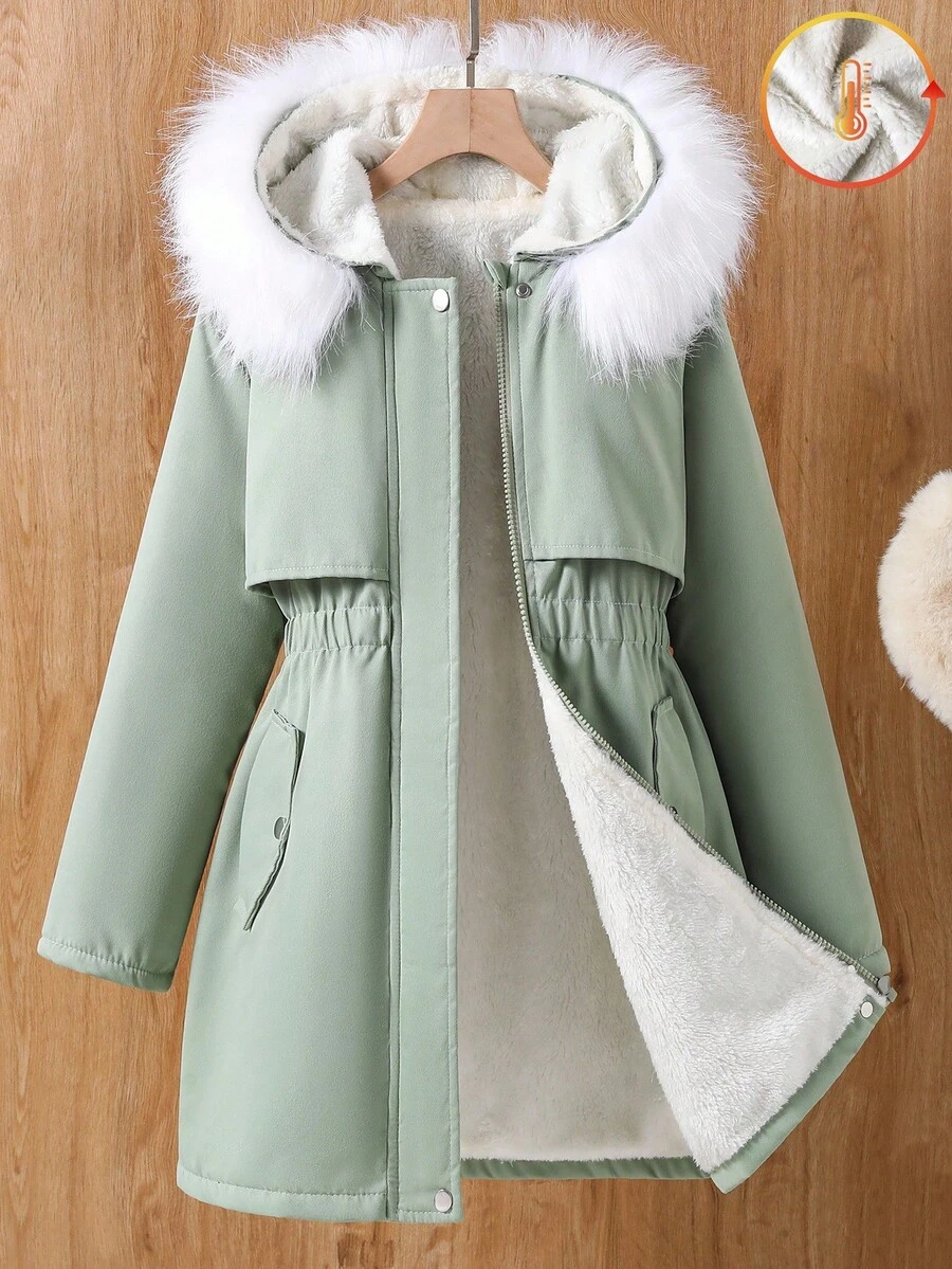 Tween Girls Mid-Length Loose Casual Cinched Waist Winter Jacket Fall - Army Green - View 1
