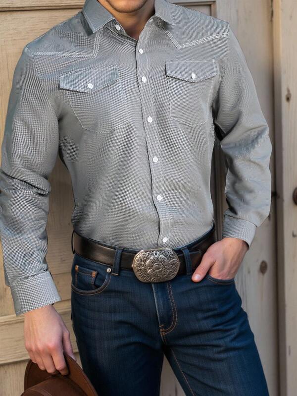 Manfinity Nomadique Camisa de manga larga con bolsillos duales y estampado de cuadros pequeños para vacaciones, para hombres maduros. Camisa vaquera, camisa de vaquero, camisa de ajuste abotonada al estilo occidental.