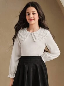 SHEIN Blusa casual de manga larga con bordado floral elegante y ribete de encaje para niñas, para primavera/otoño - Blanco - Ver 4
