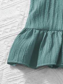 SHEIN 2pcs Young Girl Woven Solid Color Round Neck Sleeveless Top And Loose Woven Solid Color Shorts Set - Green - View 3
