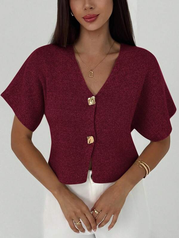 Aloruh New Minimalist Fashion Commuter Deep V-Neck Short Sleeve Thin Double-Button Cinched Waist Fitted Casual Cardigan In Fall/Winter,Christmas Sweater