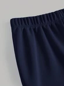 SHEIN Girlism Bộ 3 áo nỉ thể thao thường ngày cho bé gái tuổi teen kèm áo hai dây in họa tiết và quần dài ống rộng - Màu xanh hải quân - Xem 4