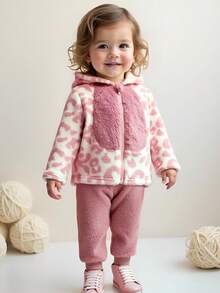 Cozy Pixies 2 Stück Baby Mädchen Fleece-gefütterte Mode Rosa Leopard Muster Patchwork Süße Ohren Kapuzenjacke & Elastischer Bund Flauschige Hose Lässig Hausanzug Set