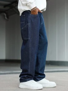 Manfinity Hypemode 男士休闲竖条纹多口袋牛仔裤，街头时尚