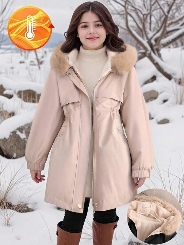 SHEIN Girl's Thick Warm Stylish Elegant Minimalist Embellished Furry Collar Long Outdoor Jacket, Suitable For Party, Khaki Fall Winter