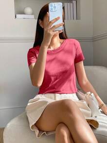 DAZY Camiseta Sólida Con Cuello Redondo - Color caoba - Ver 6