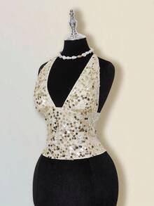 SHEIN ICON Sexy Backless Criss-Cross Tie Sequin Deep V-Neck Camisole For Women