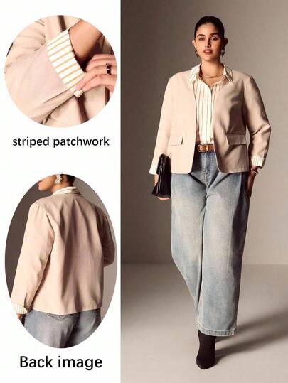 EMERY ROSE 大码女式休闲条纹拼布西装外套，适合通勤、街头风格、简约时尚、万圣节、日常穿着