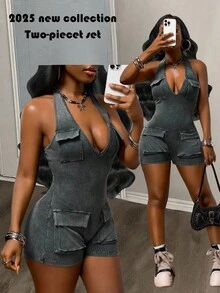 Slaydiva 深灰色女士深V领露背性感紧身连体衣 - 深灰色 - 查看 3