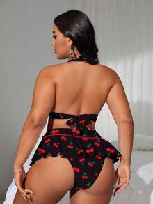 Swim Mod Plus Size Bikini Set - Halter Neck Backless Top With Allover Print Bottom Summer Beach