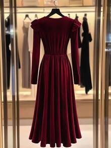 GlowEve 女士天鹅绒针织 A 字裙，荷叶边下摆装饰，优雅适合日常、通勤、商务、法式浪漫约会、派对、圣诞节、秋冬，酒红色 - 酒紅色 - 查看 2