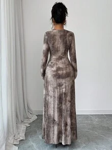 SHEIN Elenzya 25-30+ 休闲派对百褶扎染印花长裙，纹理面料，圆领，秋季 - 棕色 - 查看 3