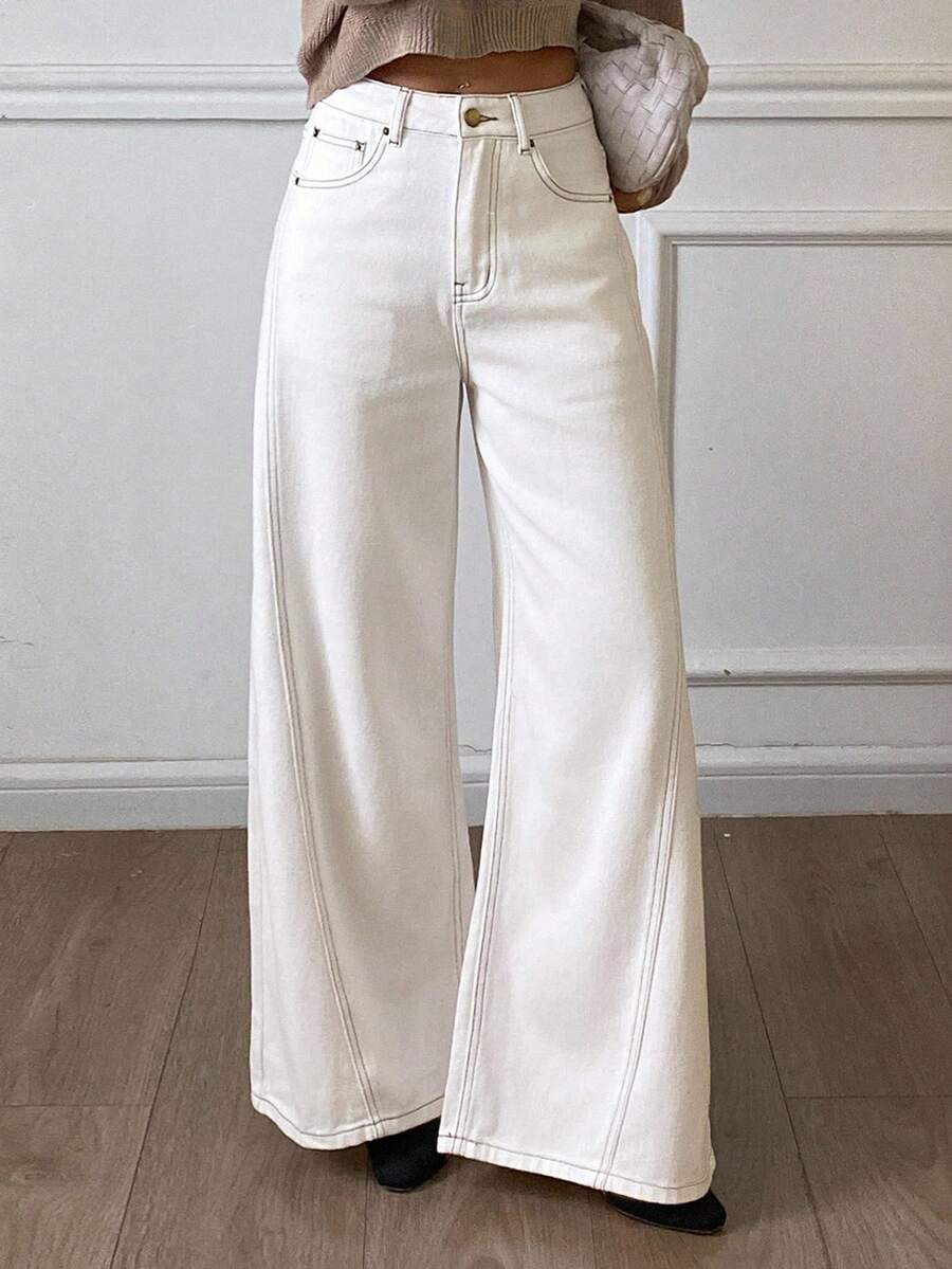 Dazy Tall Quần jeans nữ ống rộng màu trắng, dáng suông, có túi, kiểu dáng thường ngày. - trắng - Xem 1