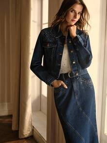 MOTF PREMIUM RHINESTONE EMBELLISHED BUTTON FRONT DENIM JACKET, AUTUMN/WINTER - Blue - View 3