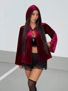 SHEIN Unity 万圣节十字架装饰天鹅绒连帽斗篷披肩夹克斗篷背心，酒红色 - 酒紅色 - 查看 1