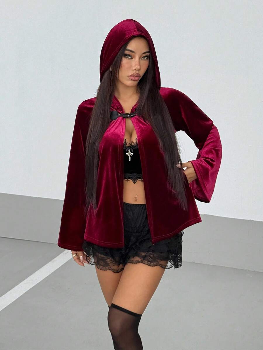 SHEIN Unity 万圣节十字架装饰天鹅绒连帽斗篷披肩夹克斗篷背心，酒红色 - 酒紅色 - 查看 1