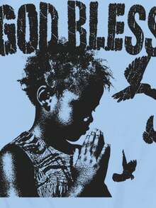 Manfinity EMRG 男士休闲图案字母印花短袖 T 恤，夏季 - 淺藍色 - 查看 4