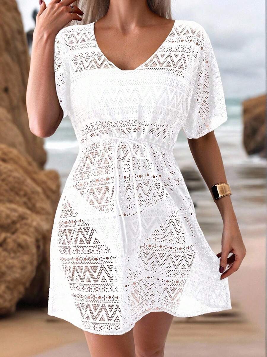Swim Lushoire Hollow Out Drawstring Waist Cover Up Dress Without Bikini Summer - White - View 1