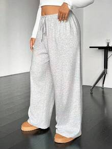 SHEIN Tall CURVE Plus Size Casual Drawstring Waist Loose Straight Leg Knit Pants Wide Sweatpants Comfy Tall For Women Curve Set Clothes,Fall - Grey - View 5