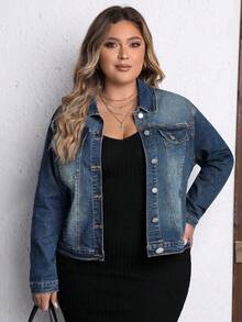 EMERY ROSE Jaket Denim Elastis Kasual Wanita Ukuran Plus Musim Dingin dengan Kancing Tunggal, Musim Gugur - Dark Wash - View 7
