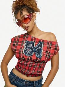 SUMWON WOMEN Blusa casual de festival con hombros descubiertos, top corto de algodón a cuadros rojos con aplicación de mezclilla y fruncido - Rojo - Ver 1