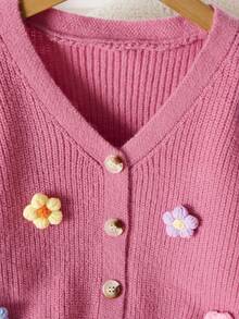 SHEIN Vintaside Kids 女孩手工花卉针织开衫，女童V领长袖可爱优雅粉色开襟毛衣 - 粉色 - 查看 7