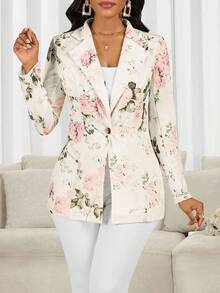 SHEIN Lady Women's Floral Print Lapel NeckLong Sleeve Single-Button Elegant Blazer - Multicolor - View 7