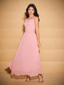 优雅优雅粉色复古束腰雪纺连衣裙，适合少女 - 粉色 - 查看 4