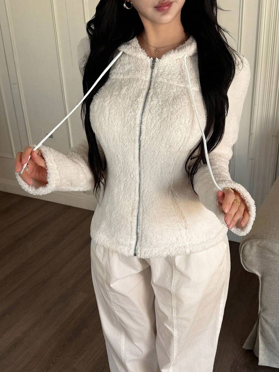 Modelyn Casual Hooded Zip-Up Long Sleeve Drawstring Double-Sided Fleece Cardigan Autumn Winter Clothes For Women - White - View 1