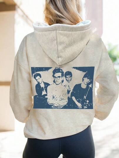 ReShift Plus-Size Ladies' Band Creative Printed Hooded Sweatshirt Pullover Fall Winter Autumn