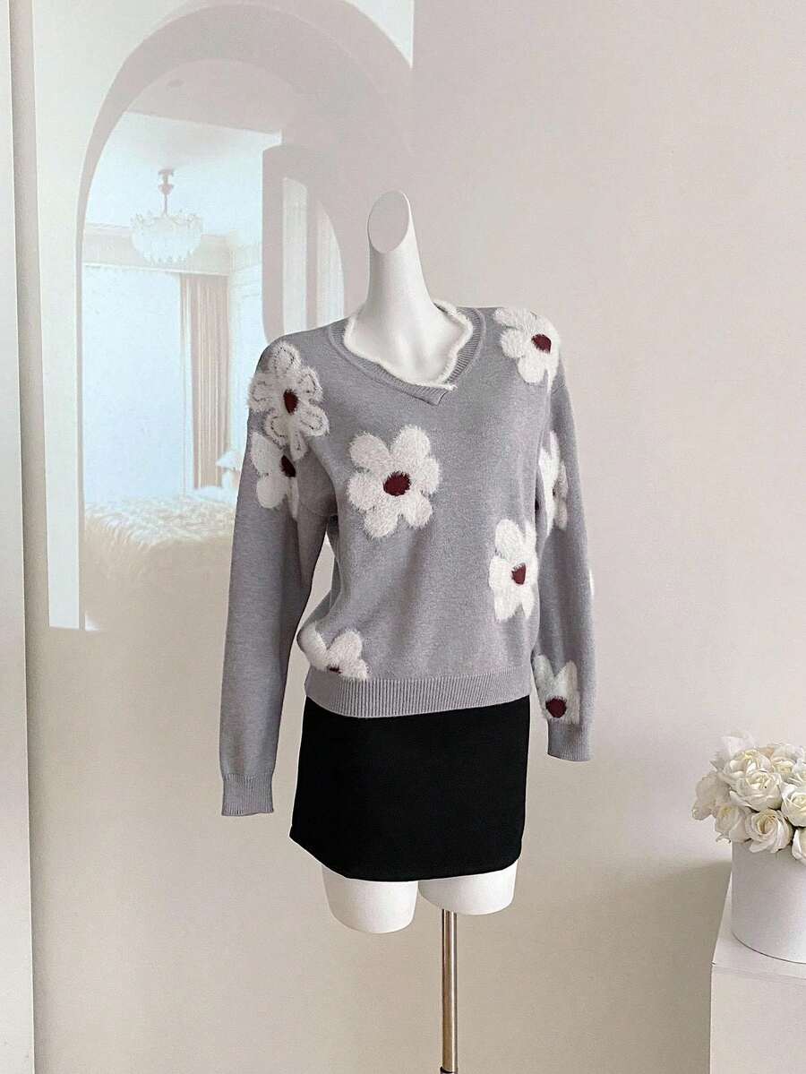 SHEIN Suéter de punto con estampado floral para adolescentes, informal para otoño/invierno - Gris Claro - Ver 1