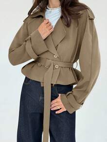 Aloruh Damen Einfarbiger Kragen Langarm Doppelreiher Lässiger Trenchcoat, Herbst - Kamelfarben - Übersicht 7