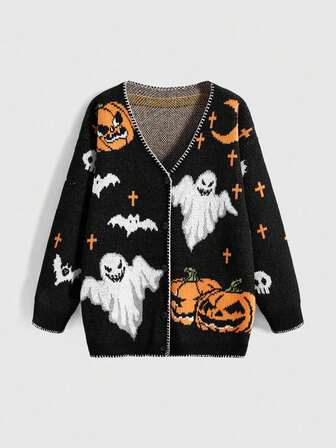 Goth Cardigan tricoté citrouille et fantôme d'Halloween sombre